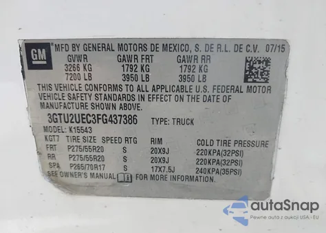 2015 GMC Sierra 1500 Sle from USA, damaged, VIN 3GTU2UEC3FG437386